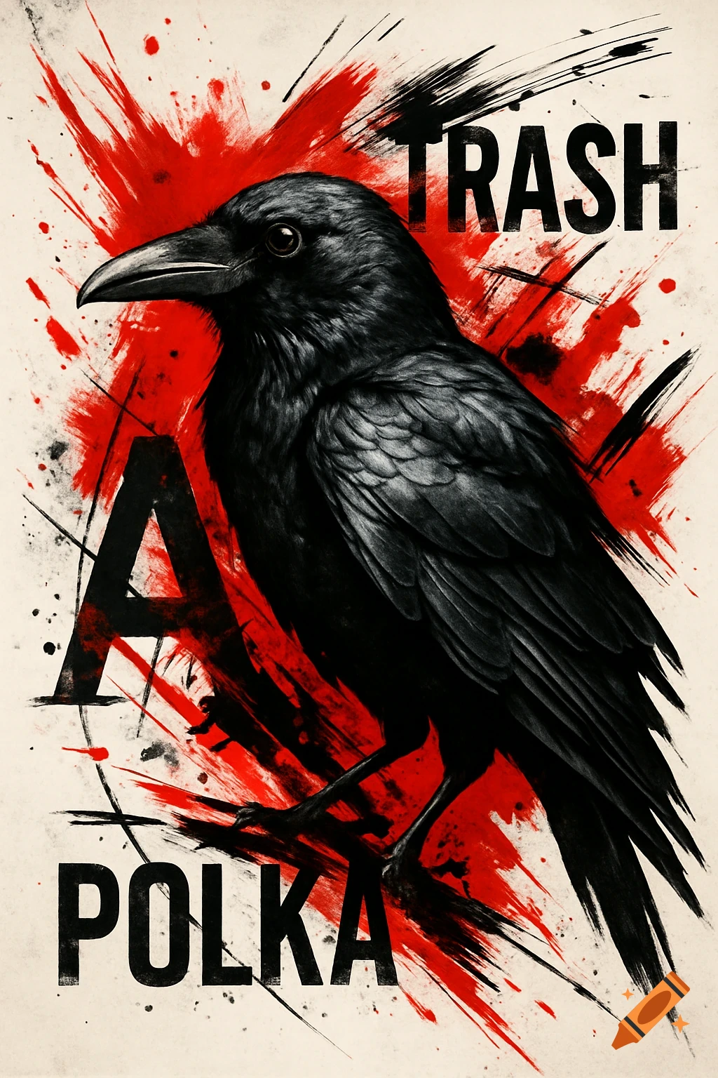 Black crow in Trash Polka style with red paint splashes and bold text 'TRASH A POLKA'.