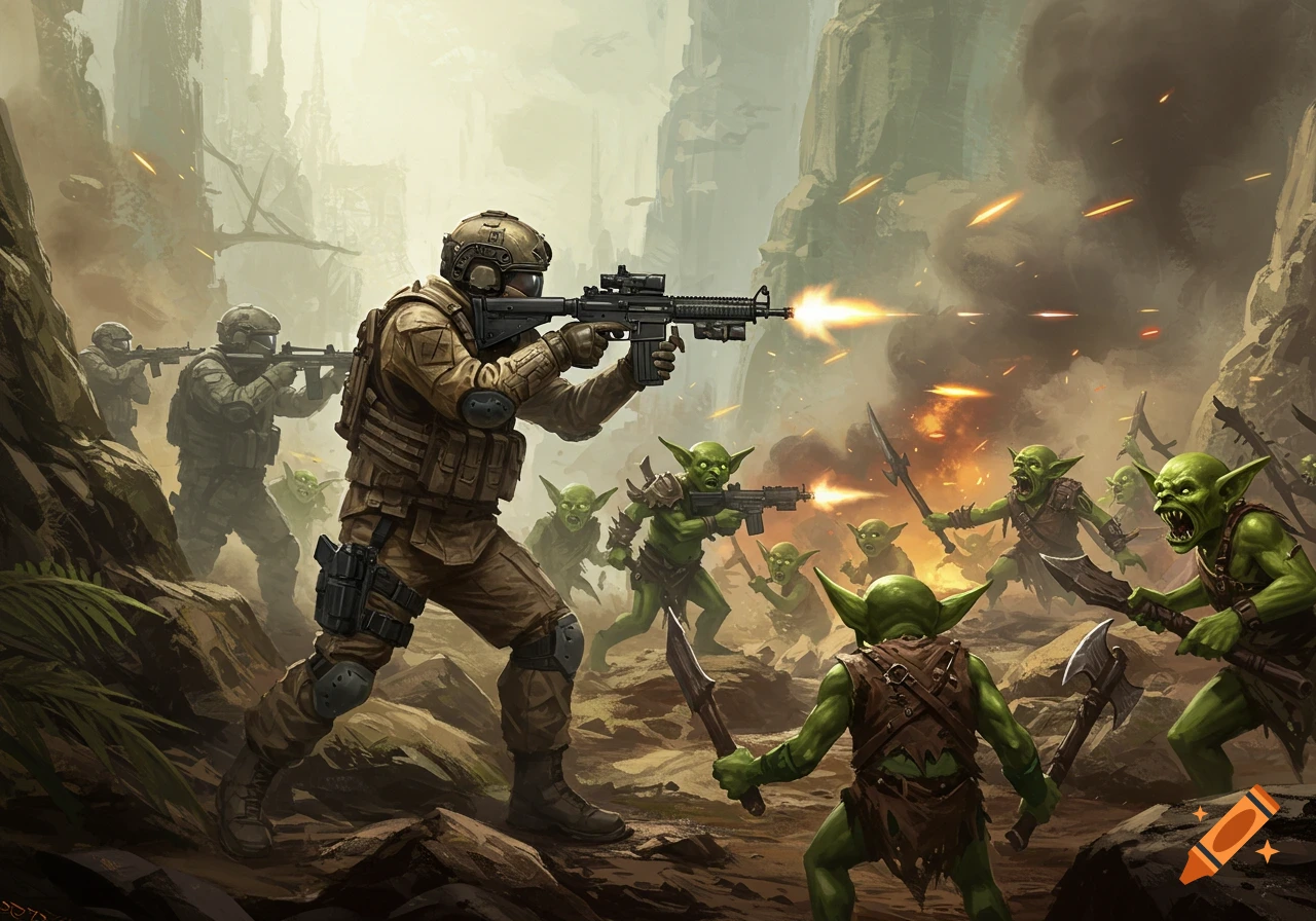 Modern soldiers in tactical gear battle a horde of goblins in a rugged, smoke-filled fantasy landscape.