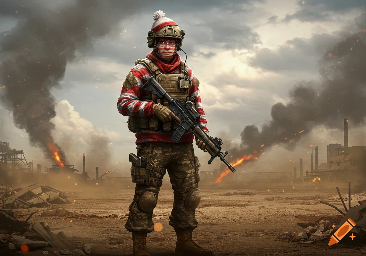 Waldo as a military operator in a red and white striped shirt and camo, holding a rifle in a smoky warzone.