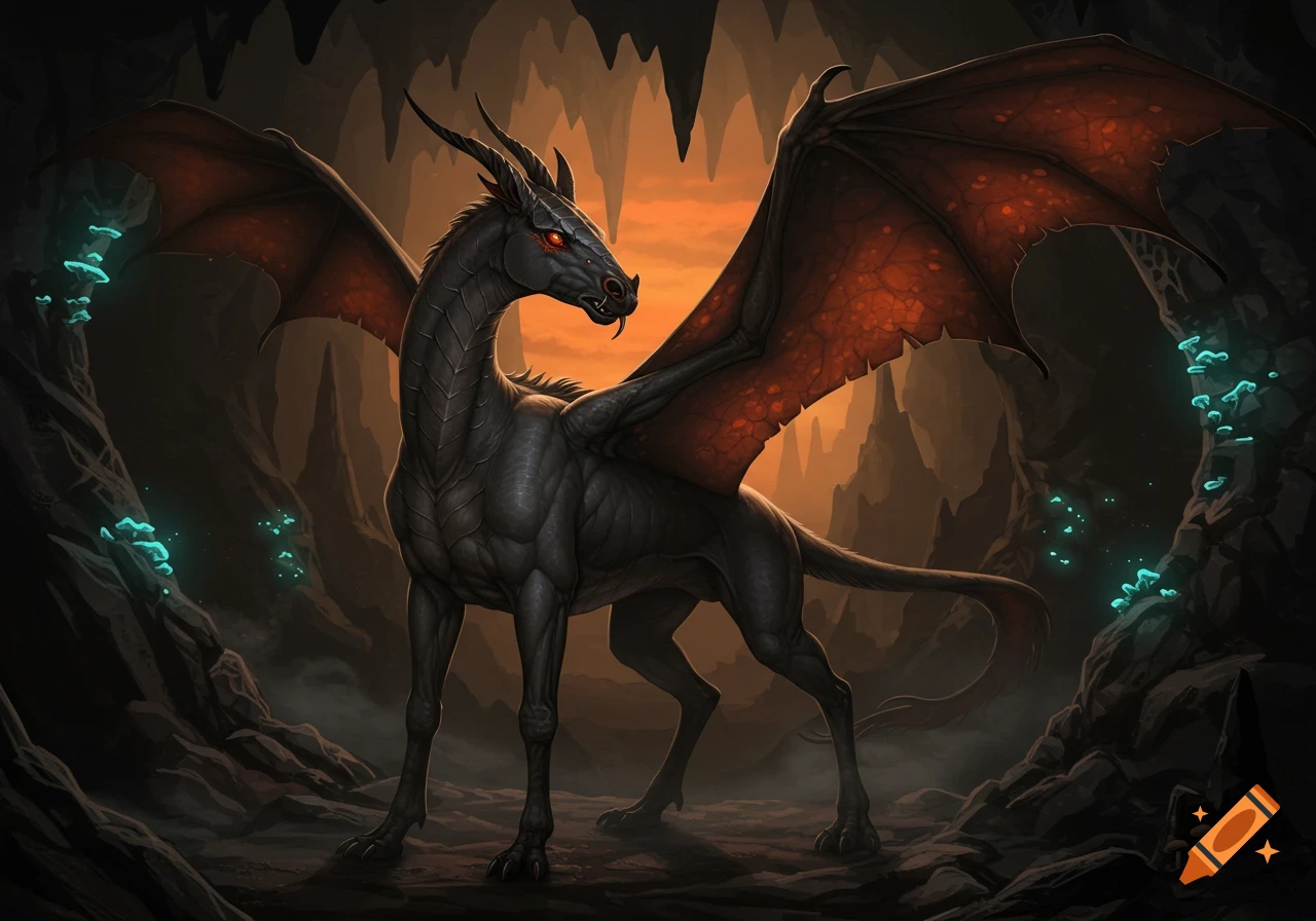 A dark, horned fantasy creature with red eyes and large bat wings stands in a cave with glowing blue mushrooms.