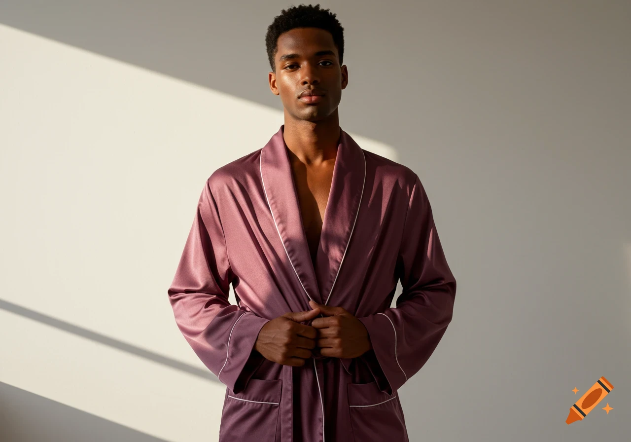A young man in a dark pink silk robe stands against a light wall with sun patterns, hands clasped.