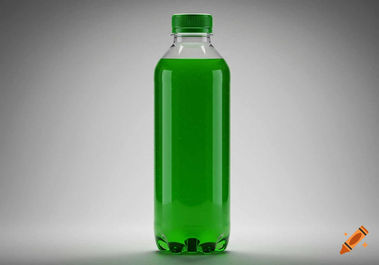 A clear plastic bottle filled with bright green liquid, capped with a green lid, centered on a light grey background.