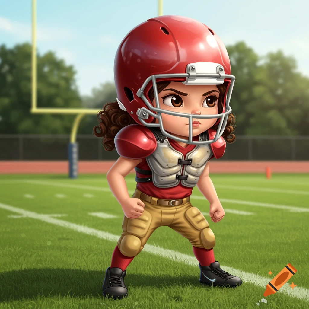 A cute, brown-haired cartoon girl in red and gold football gear stands on a green football field, looking tough.