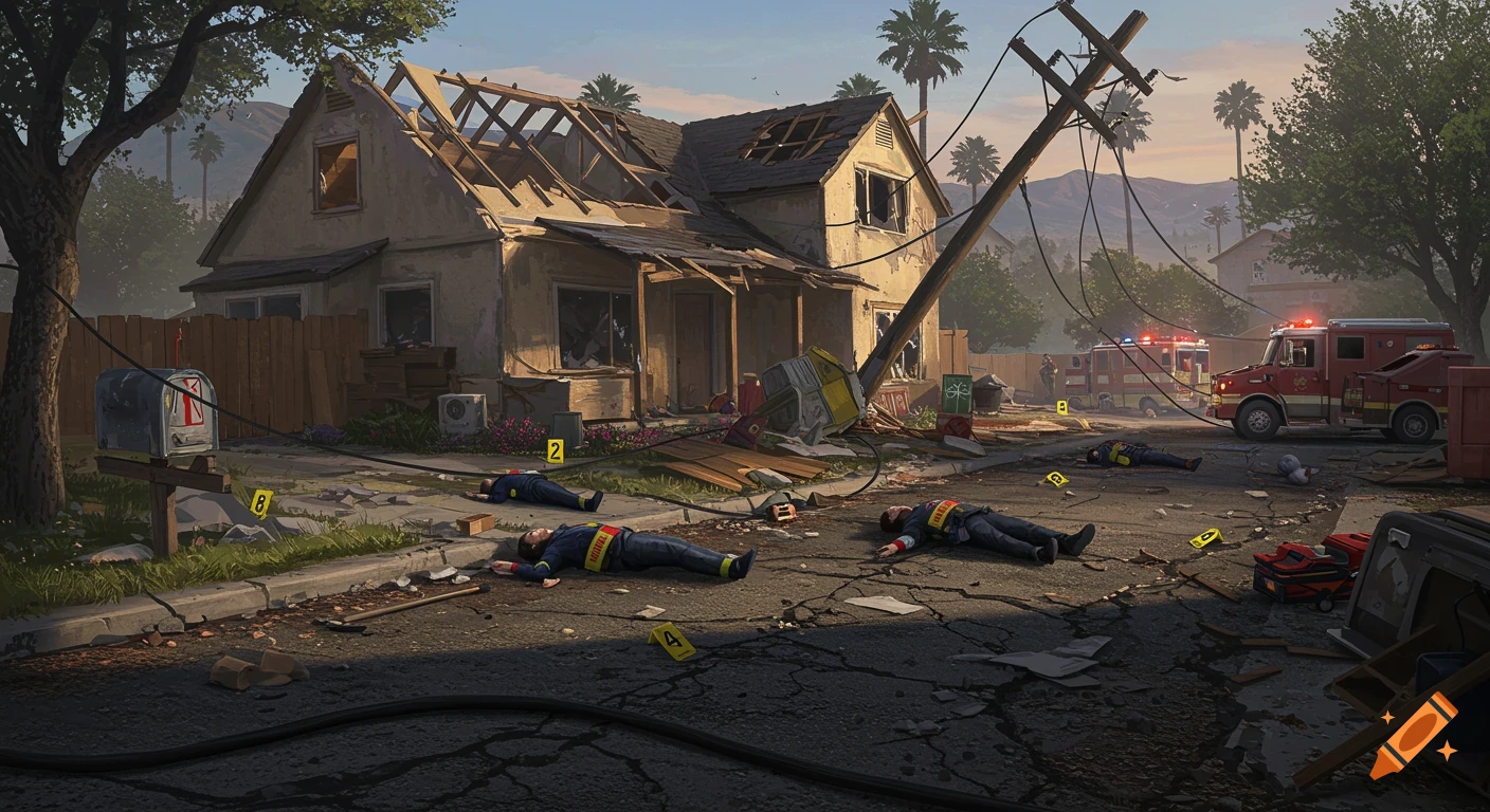 A disaster scene with a damaged house, downed utility pole, fire trucks, and several bodies marked with evidence tags on a residential street.