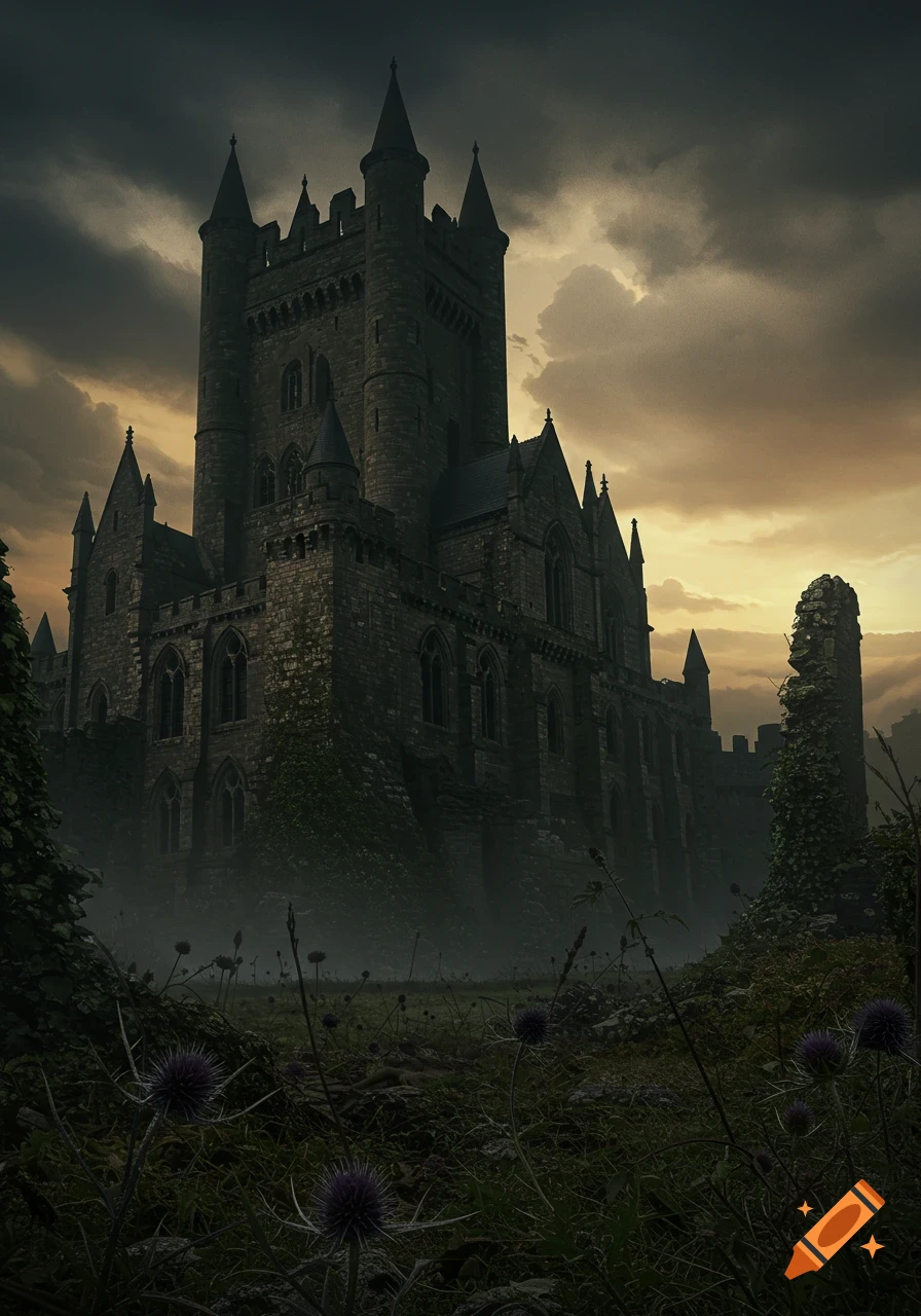 Dark, gothic medieval castle with ominous spires and ivy-covered walls under a dramatic sunset sky, with misty foreground vegetation.
