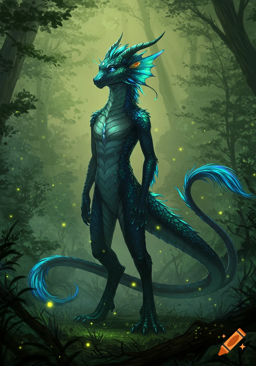 A bipedal teal-blue dragon creature stands in a lush, misty forest with glowing fireflies, rendered in detailed digital art.