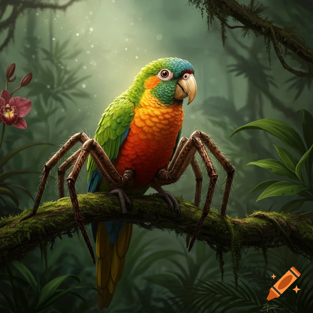 A vibrant green, orange, and blue parrot with spider legs perches on a mossy branch in a lush jungle.