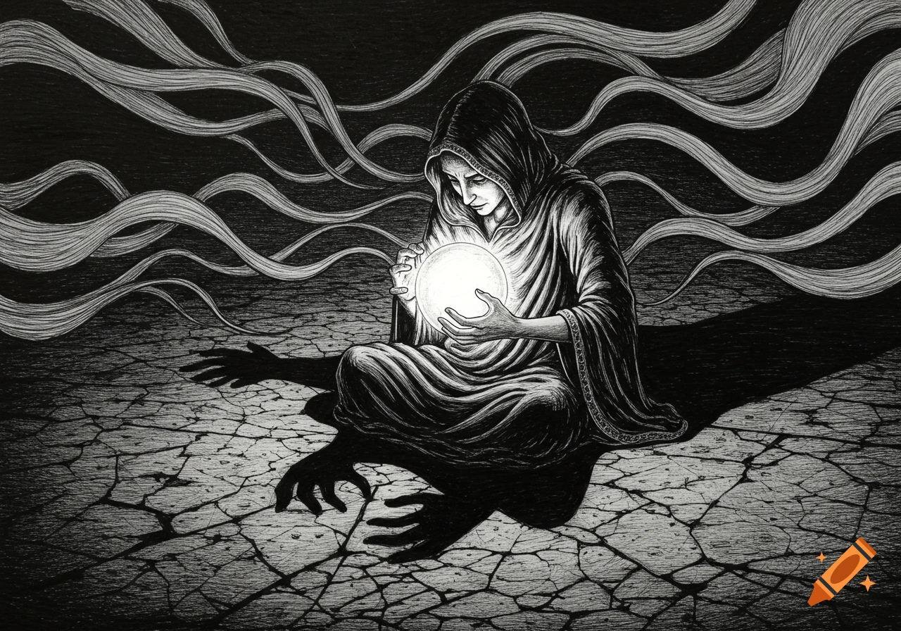 Black and white illustration of a hooded figure huddled over, holding a glowing orb, with eerie shadows and cracked ground.