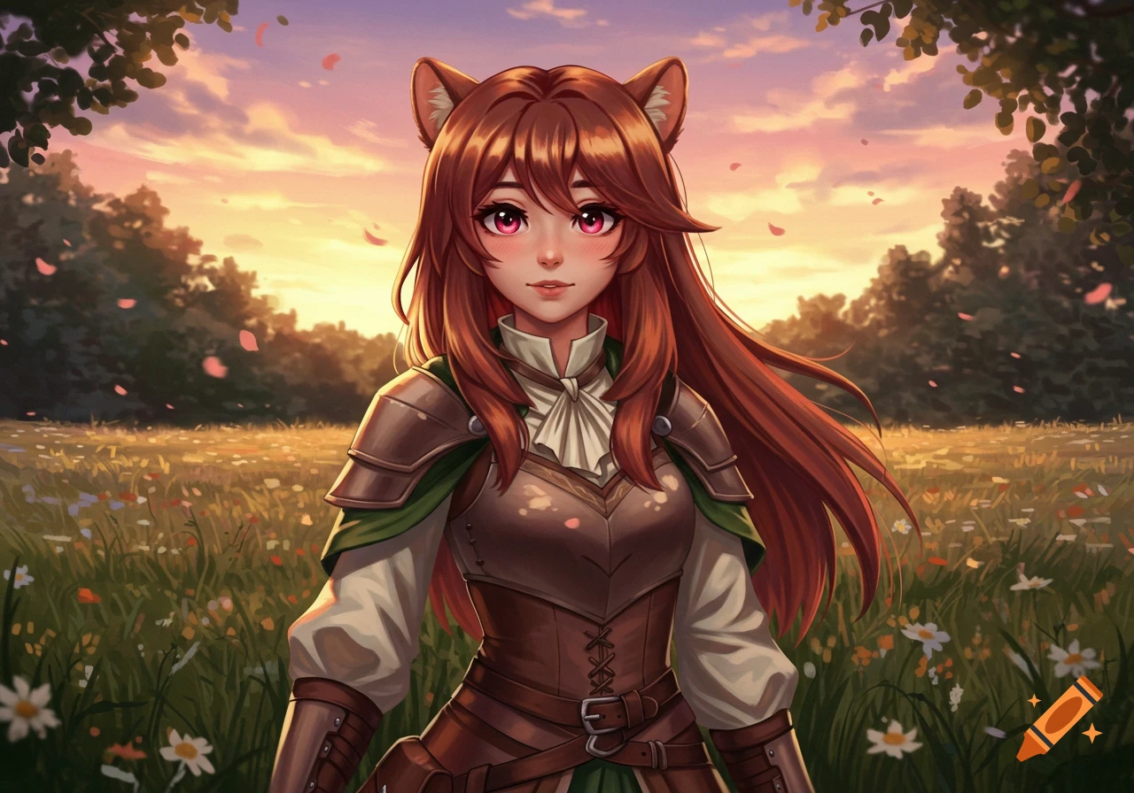 An anime-style girl with long brown hair and animal ears wears armor in a sunny, flower-filled field at sunset.