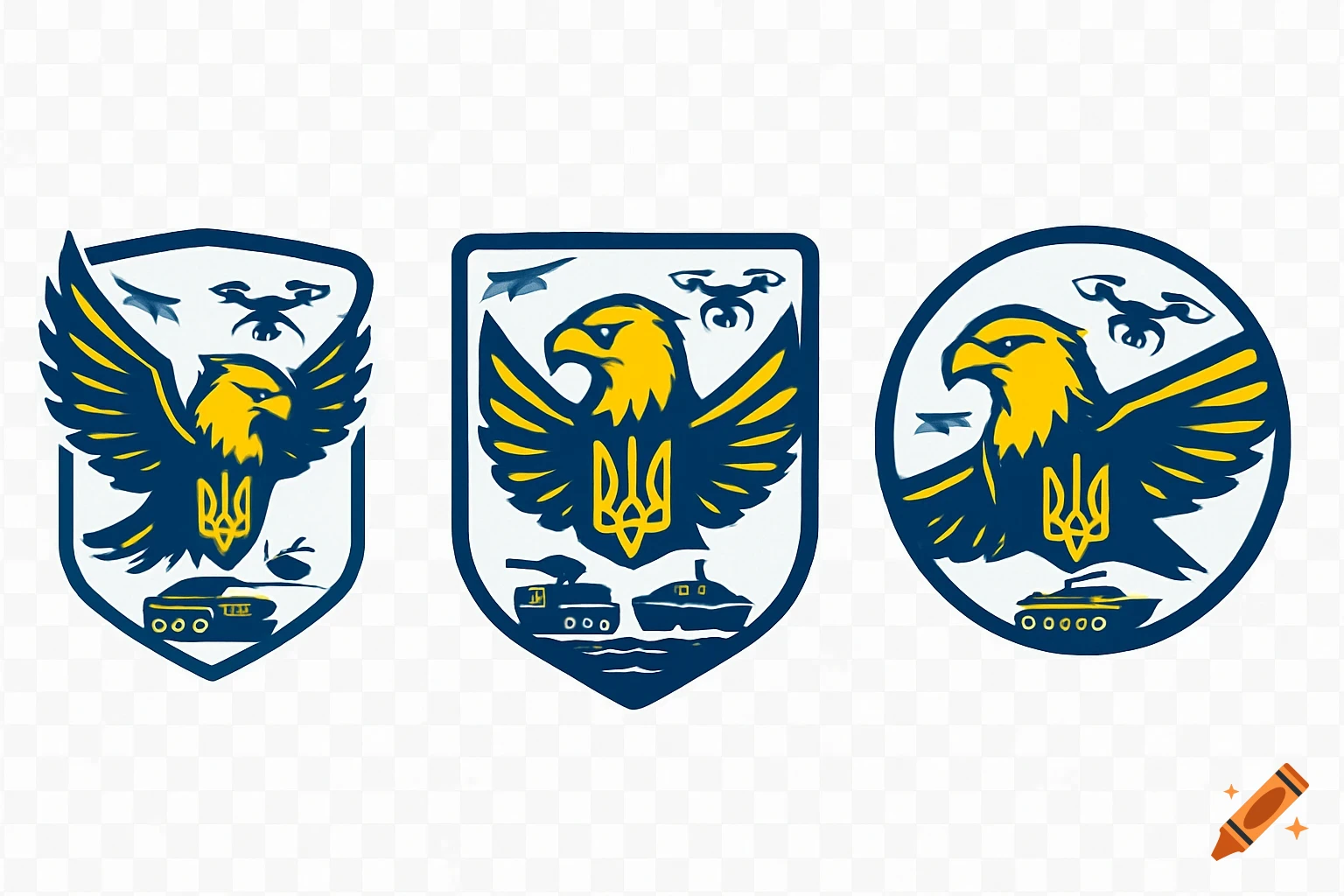 Three blue and yellow emblems featuring a soaring eagle with a Ukrainian trident, drones, and military vehicles like tanks and ships.