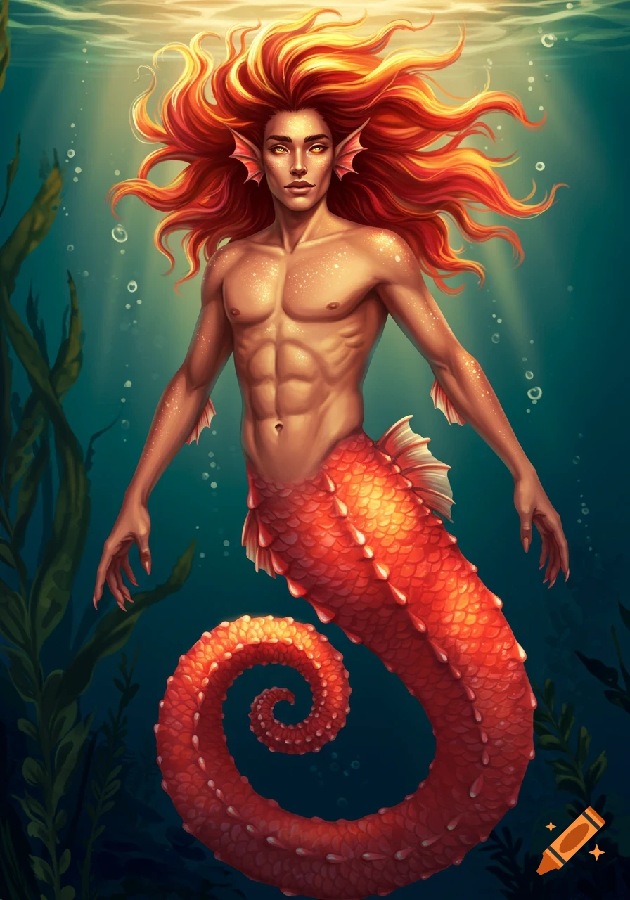 A male merman with vibrant orange hair, golden eyes, gills, a muscular torso, and a red scaly seahorse tail, swimming underwater.