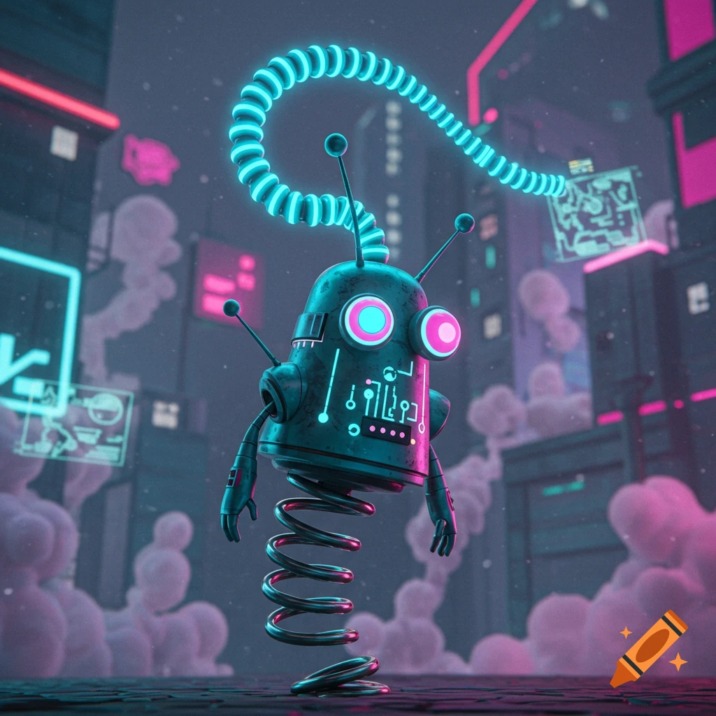 A whimsical teal robot with a spring body, glowing pink eyes, and a coiled neon blue antenna stands in a futuristic city.