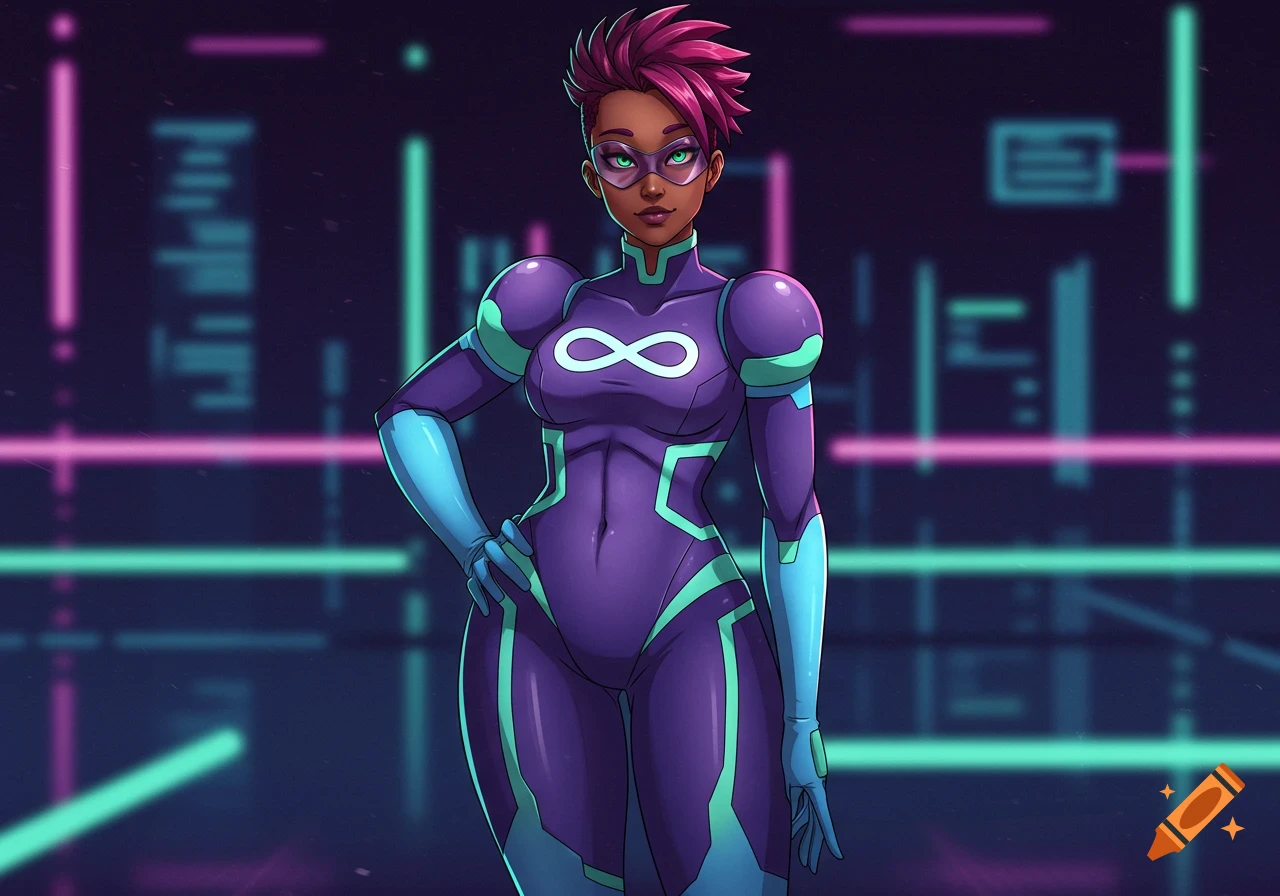 Anime-style African American superheroine in a purple, blue, and green suit with an infinity symbol, pink spiked hair, and purple mask, standing in a neon city.