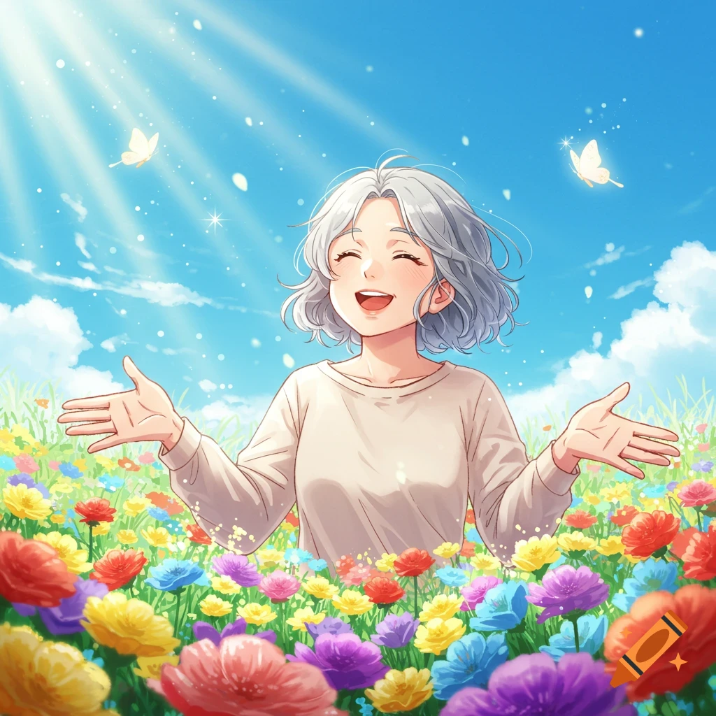 Cheerful anime woman smiling with open arms in a vibrant flower field under a sunny blue sky with butterflies.