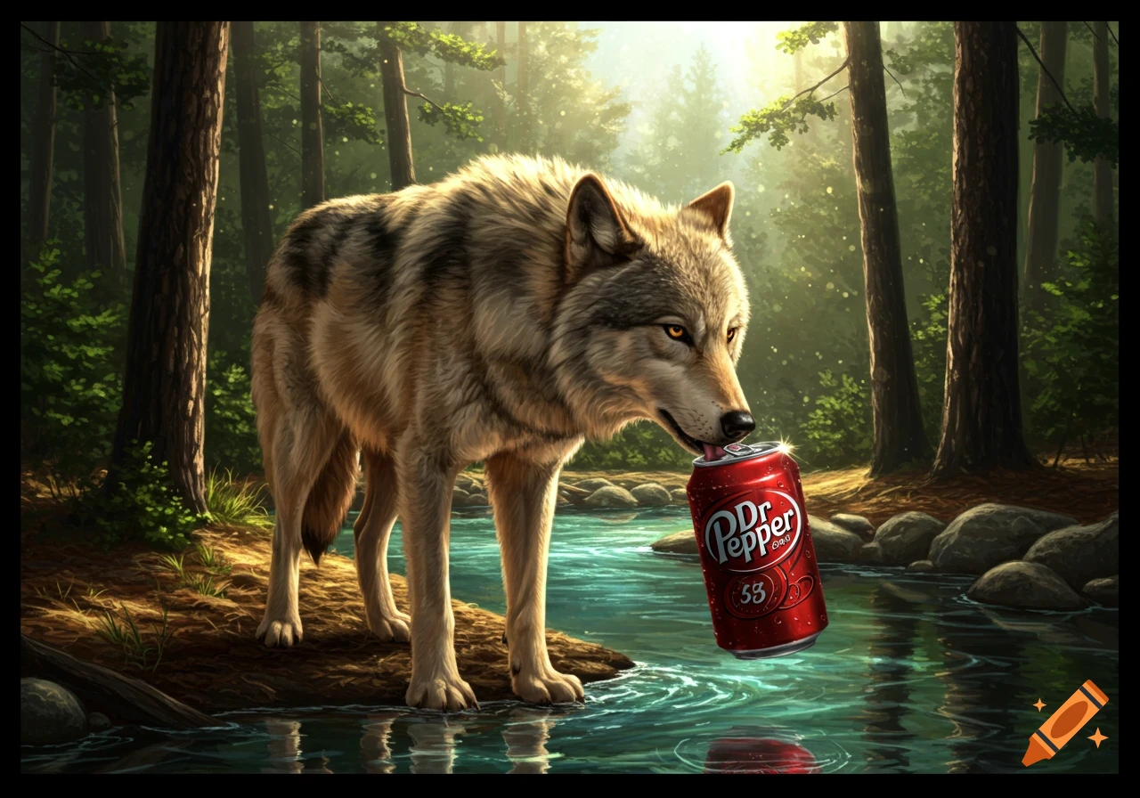 A majestic wolf with golden eyes laps from a red Dr. Pepper can in a shallow stream in a sunlit forest, photorealistic style.