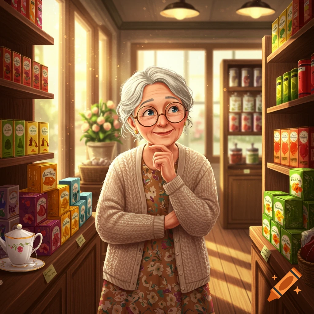 An illustration of an elderly woman with glasses, smiling and contemplating in a charming tea shop aisle filled with colorful product boxes.