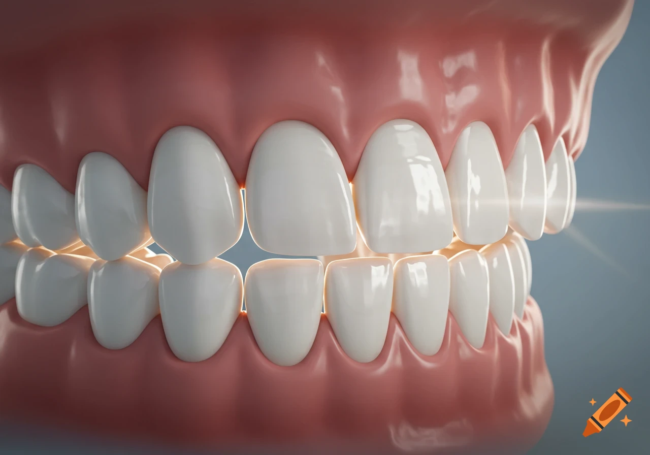 A highly detailed, photorealistic 3D render of a set of healthy white human teeth and pink gums viewed from the side, with subtle light flares.