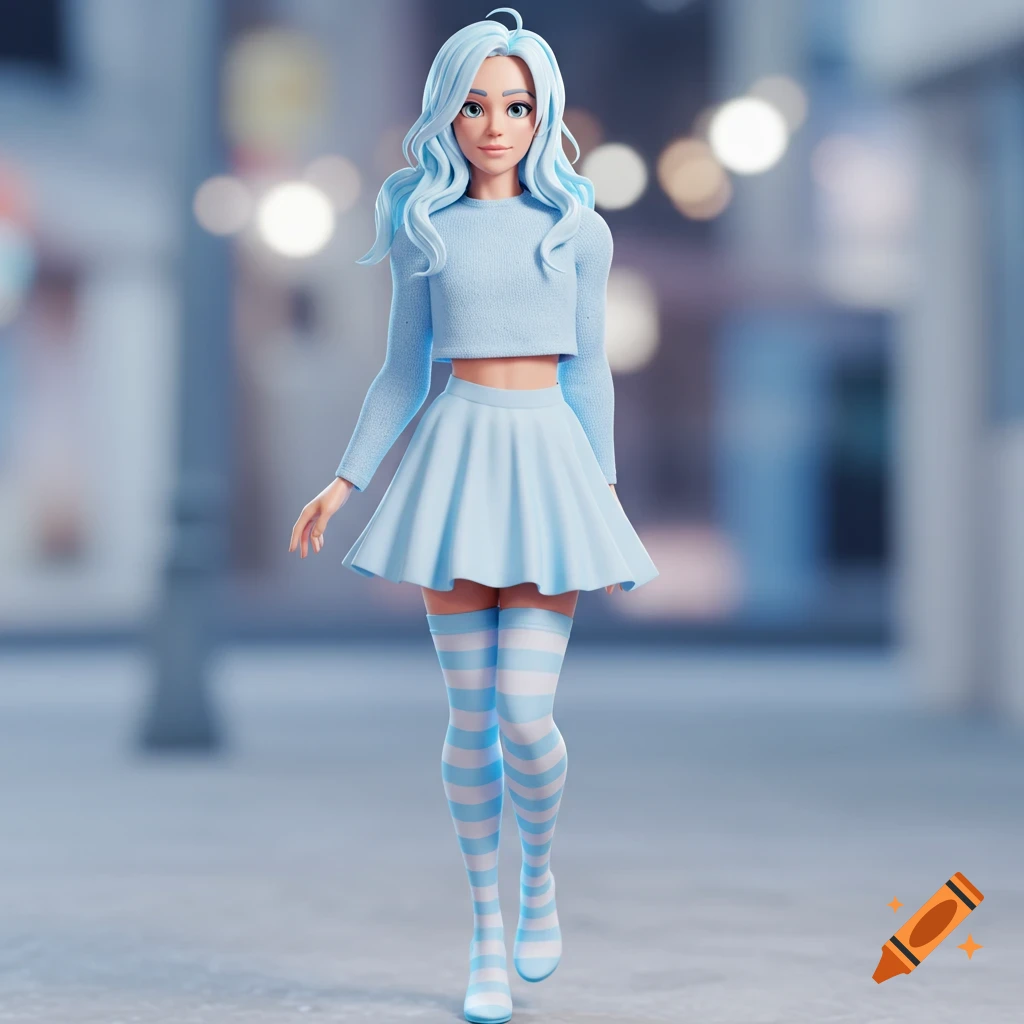 A 3D rendering of a character with pastel blue hair and blue eyes, wearing a pastel blue crop top, skirt, and striped thigh-high socks, walking outdoors.