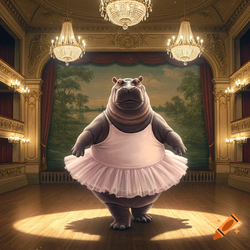 A hippopotamus wearing a pink ballet tutu stands on a spotlighted wooden stage in an ornate theater with chandeliers.