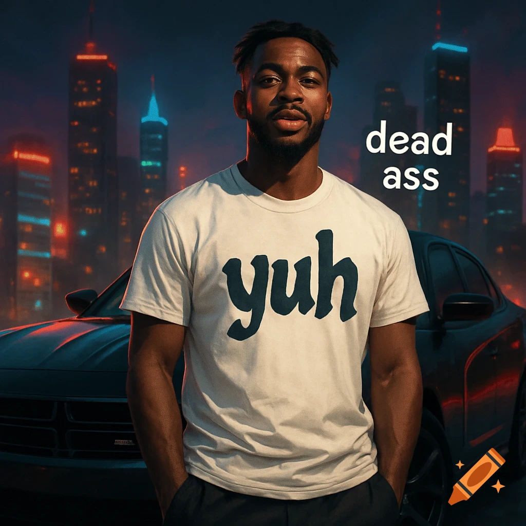 A photorealistic image of a Black man in a white t-shirt that says "yuh" on it, standing in front of a Dodge Charger. The text "dead ass" floats next to him. A neon-lit cityscape is in the background.