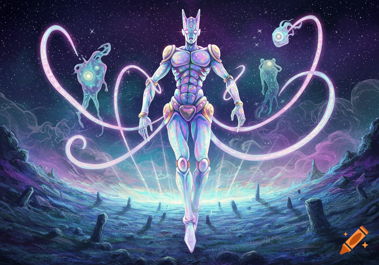 Ethereal humanoid figure in cosmic landscape, glowing with purple and blue hues, surrounded by abstract energy and floating creatures.