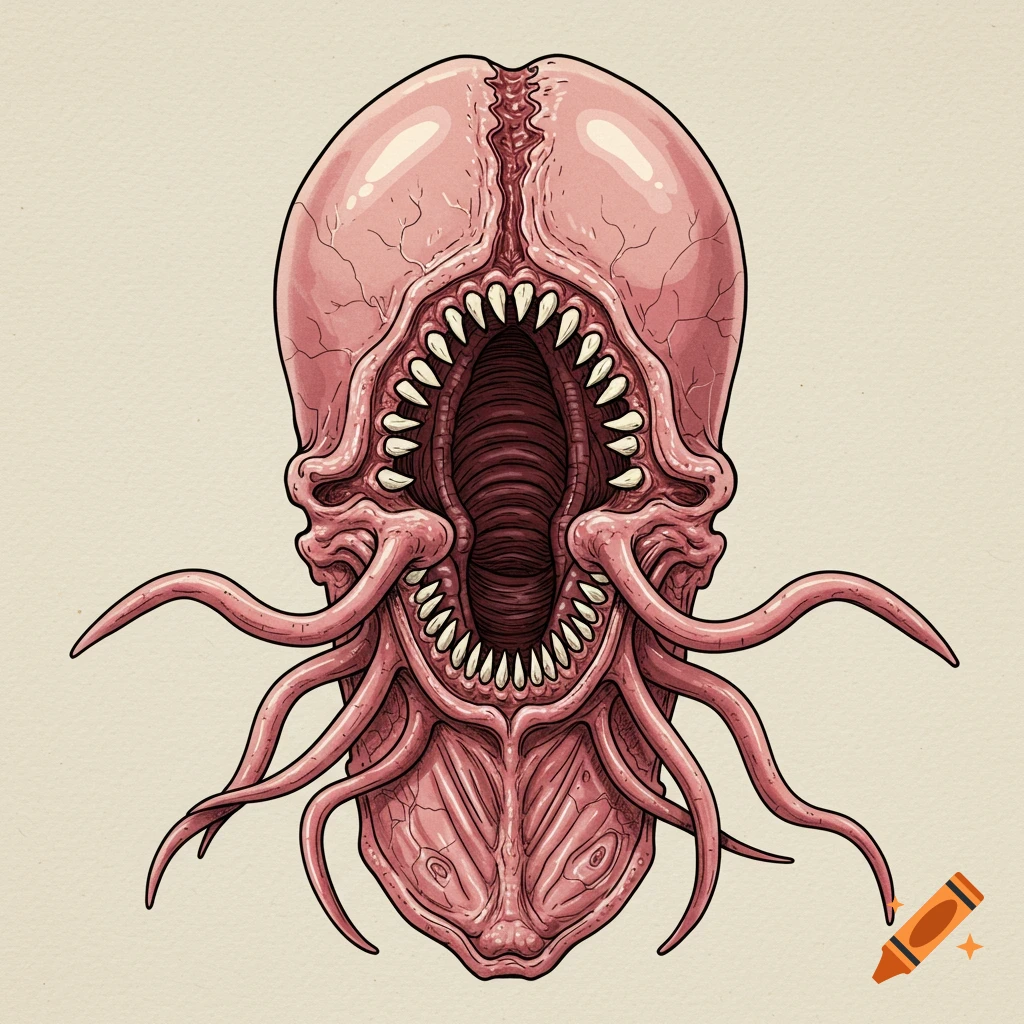 Detailed medical illustration of a grotesque pink parasitic creature head, split vertically with many sharp teeth and fleshy tentacles.
