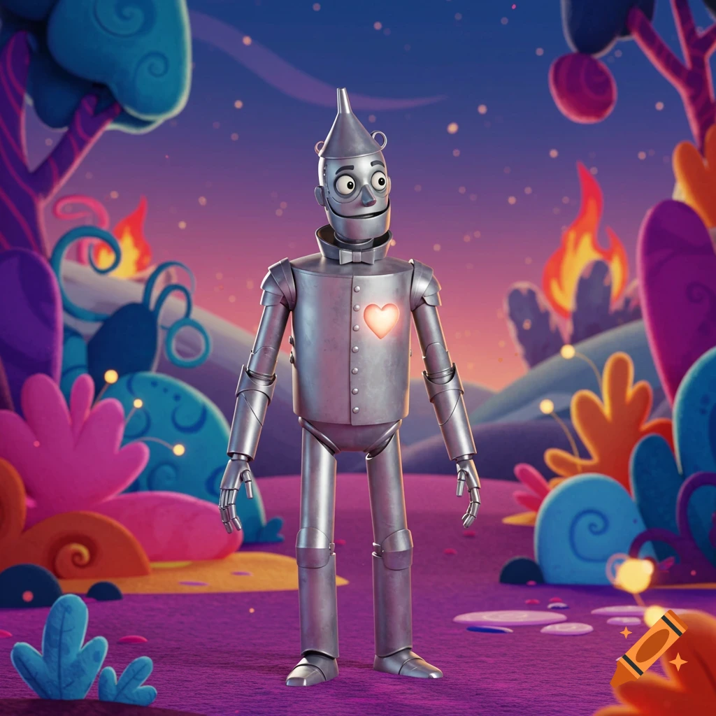 Cartoon Tin Man with a glowing heart in a vibrant, whimsical fantasy landscape with colorful plants.