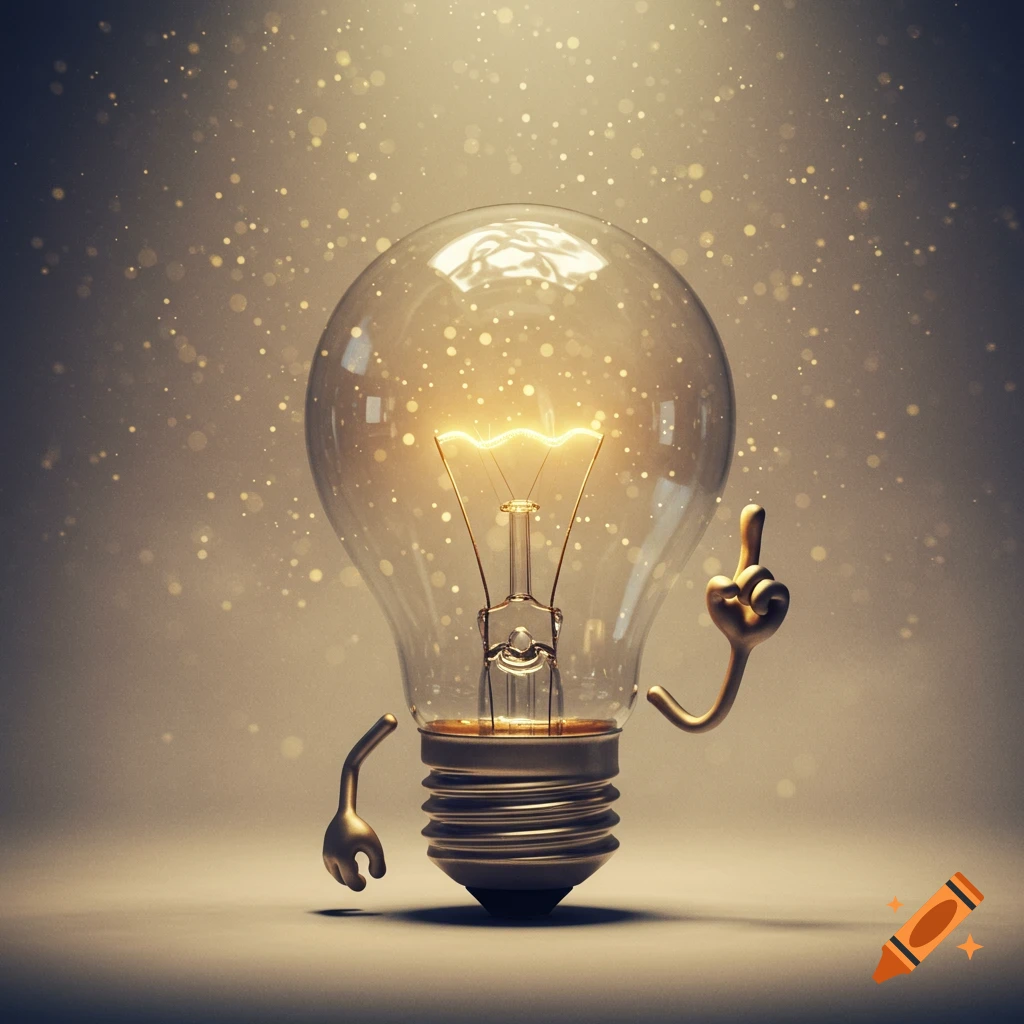 A stylized lightbulb character with golden arms and legs, an illuminated filament, and one finger pointing upwards amidst glowing particles.
