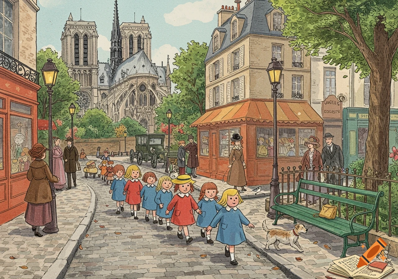A group of children in blue and red dresses walk down a cobblestone street in Paris, with Notre Dame and classic buildings in the background, in a hand-drawn style.