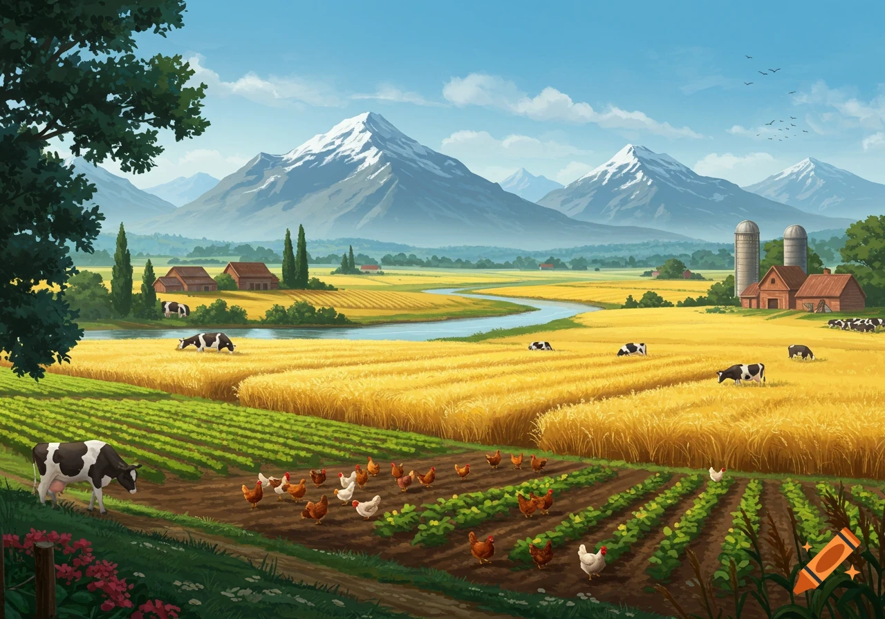 Pastoral farm landscape with golden fields, green crops, a winding river, distant snow-capped mountains, grazing cows, and chickens.