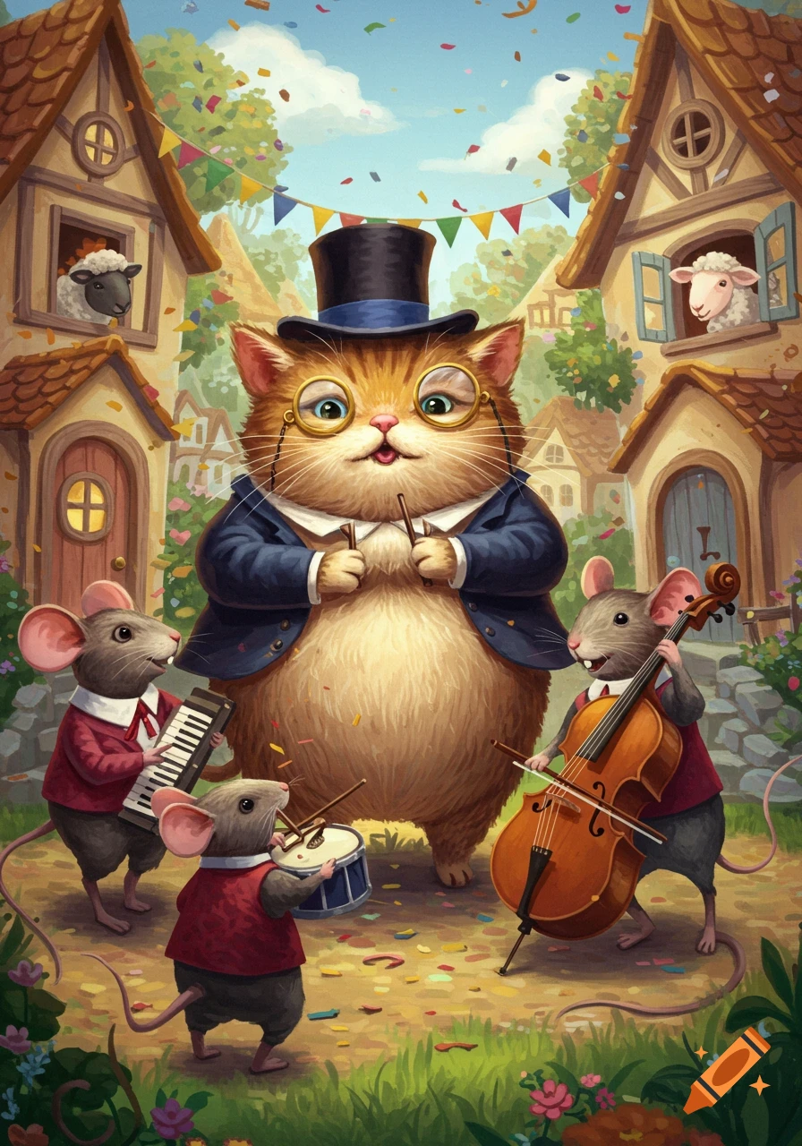 A whimsical illustration of a dapper cat in a top hat and monocle conducting three mice playing musical instruments in a confetti-filled village.