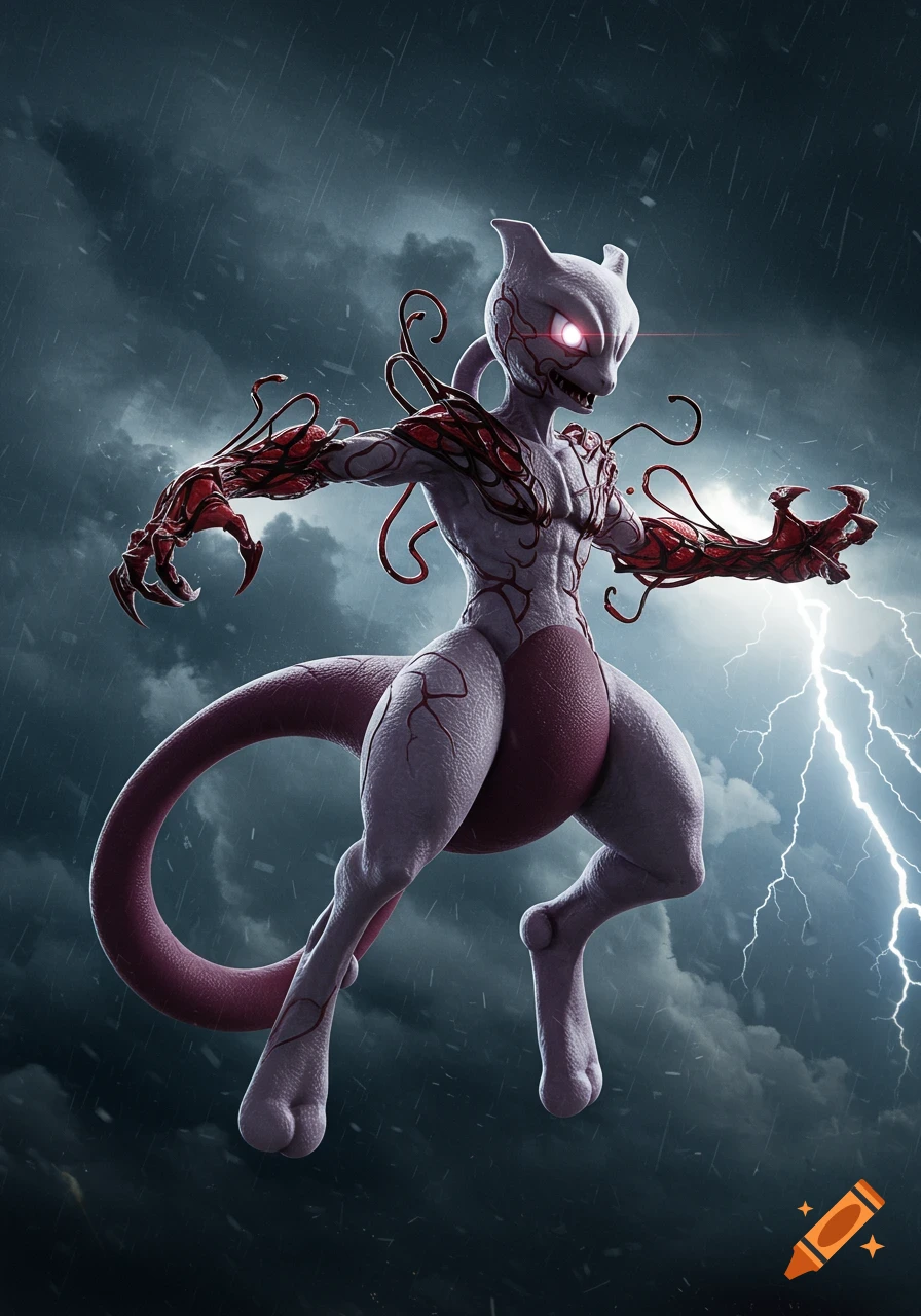 Mewtwo fused with the red Carnage symbiote floats in a stormy sky with a lightning bolt.