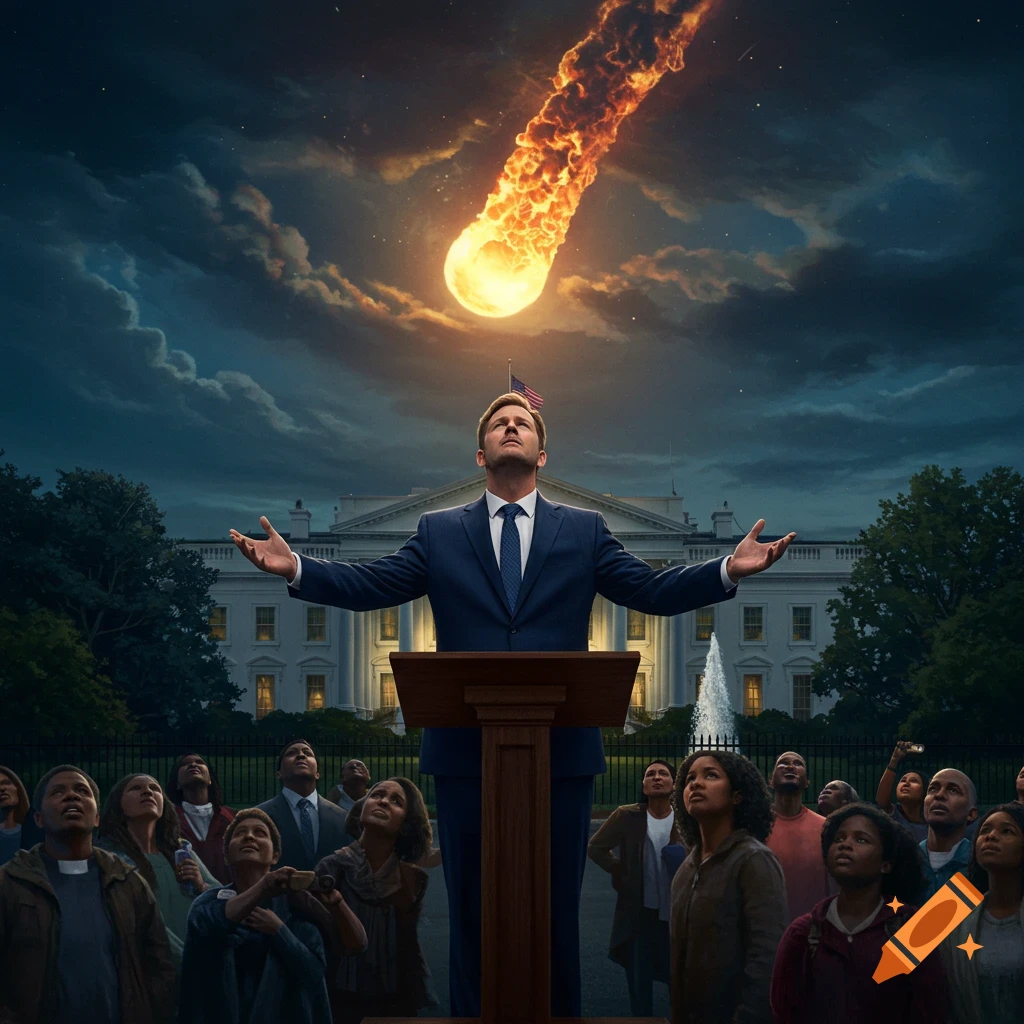 A man in a suit speaks at a podium in front of the White House at night, hands raised as a fiery meteor descends, surrounded by an upturned crowd.