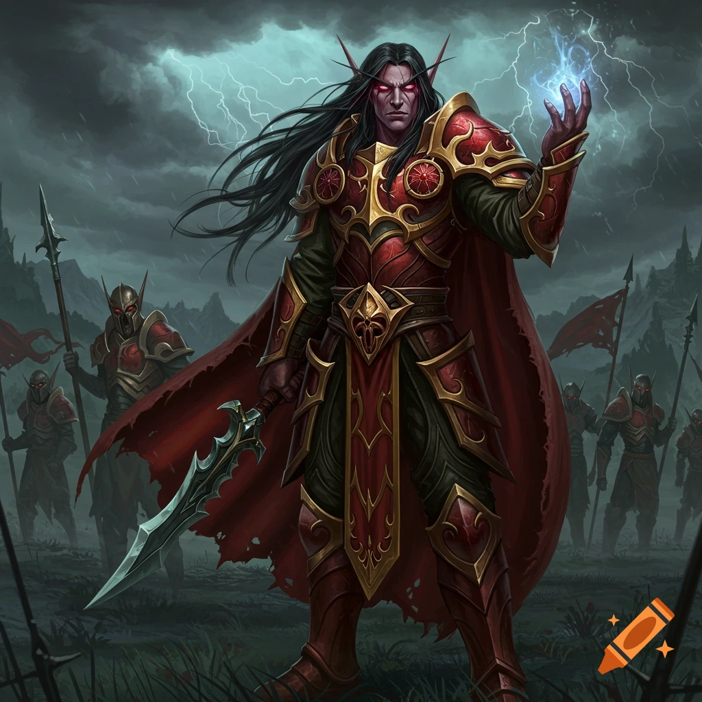 A black-haired blood elf warrior in red and gold armor casts blue lightning magic, holding a sword, with an army behind him under a stormy sky.
