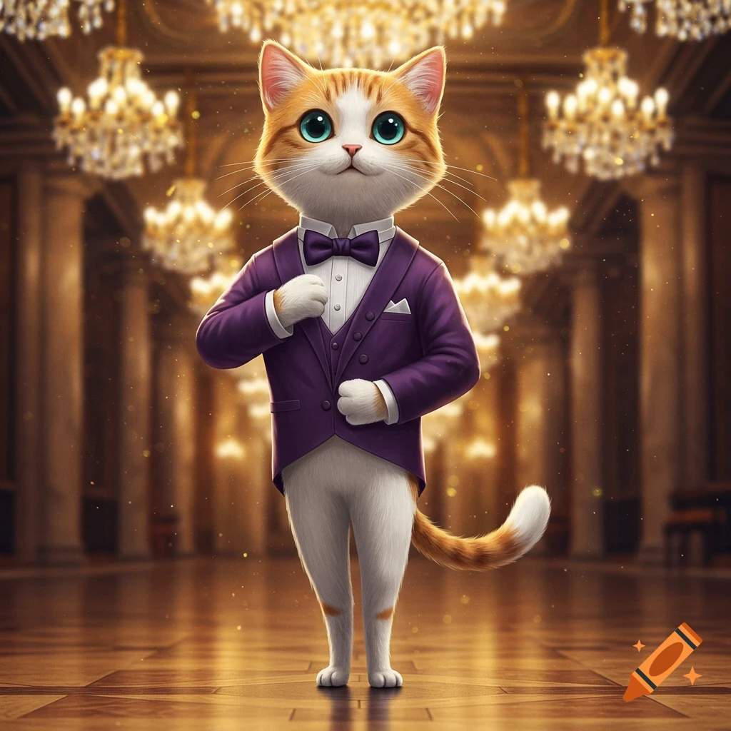 An animated white and orange cat wearing a purple tuxedo stands in a lavish ballroom with golden chandeliers.