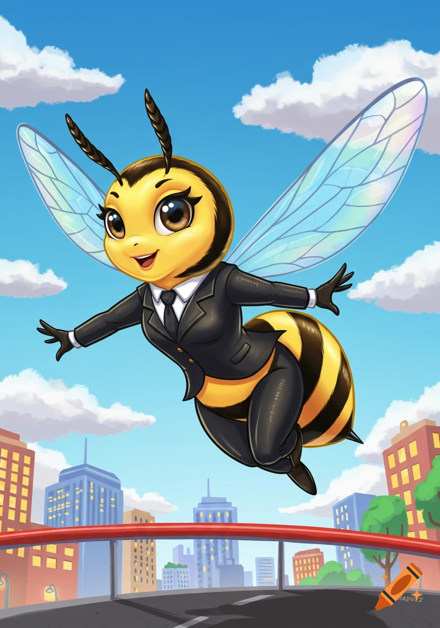 A happy cartoon bee in a business suit flies over a colorful city with clouds in the blue sky.