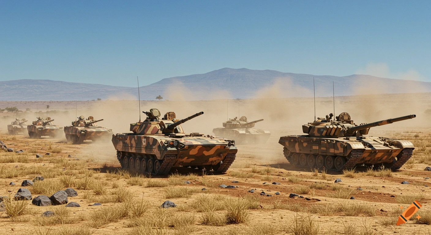 A column of Russian BMP-2 armored fighting vehicles and T-80 main battle tanks with desert camouflage moves through an arid landscape, stirring up dust.