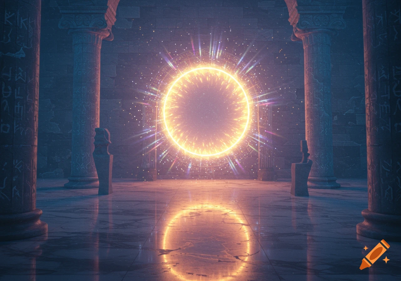 A glowing orange energy portal with colorful particles radiates in the center of an ancient stone room with carved pillars and a reflective floor.