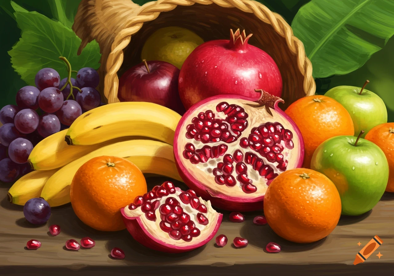 A vibrant still life painting of a cornucopia of fruits including pomegranates, bananas, grapes, apples, and oranges.