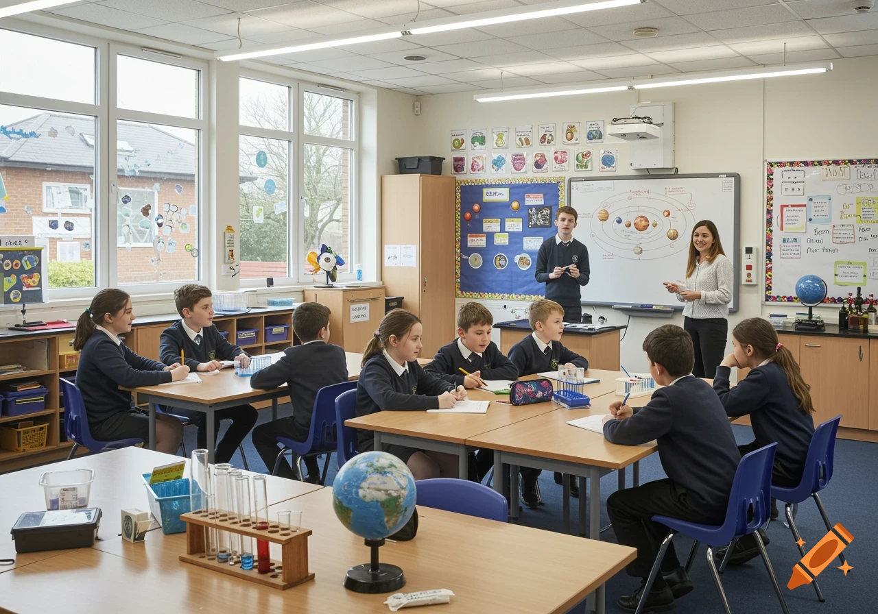 School children and a teacher in a bright science classroom, with a solar system diagram on the whiteboard.