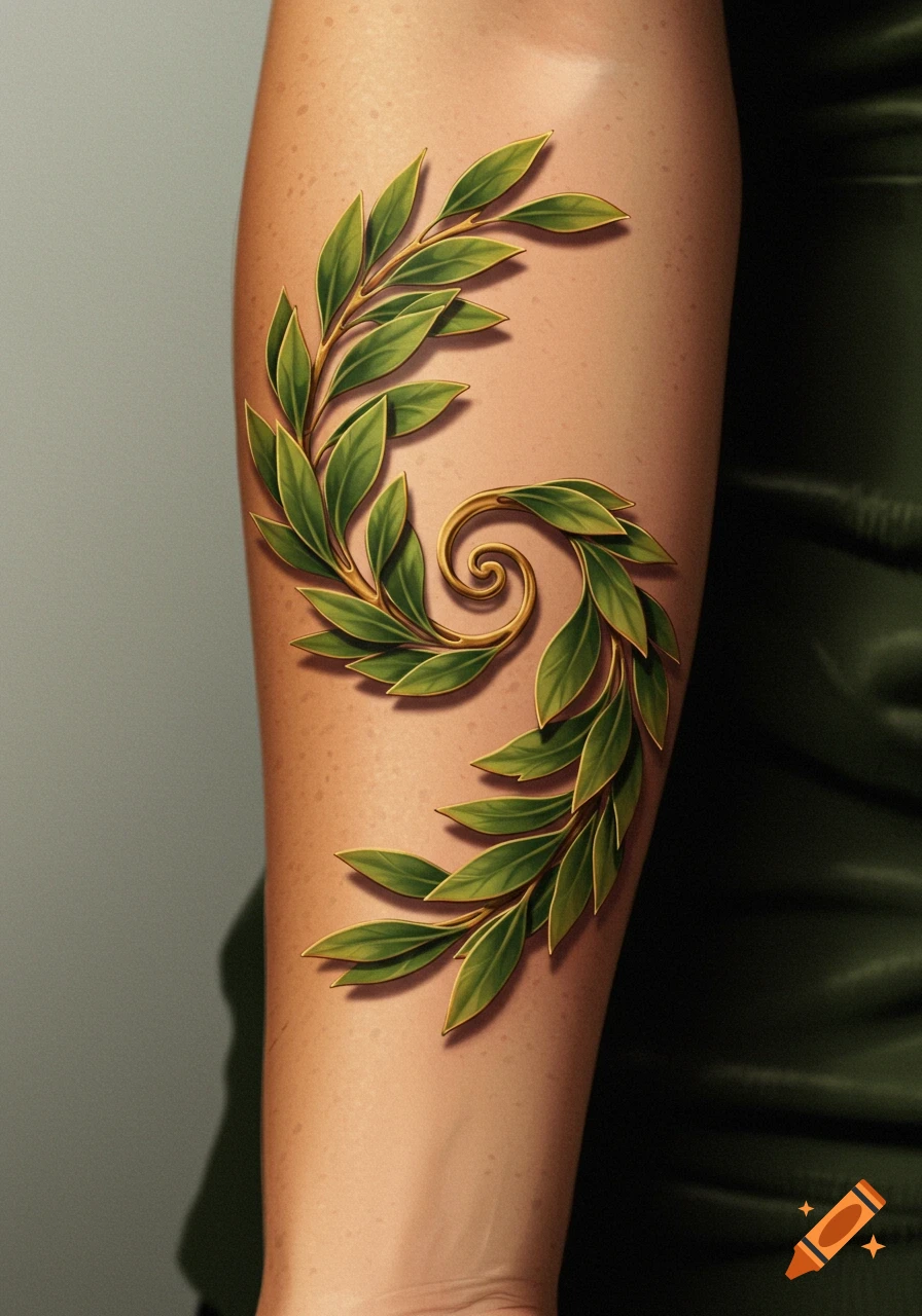 A realistic tattoo of a gold and green Roman laurel wreath spiraling up a person's forearm.