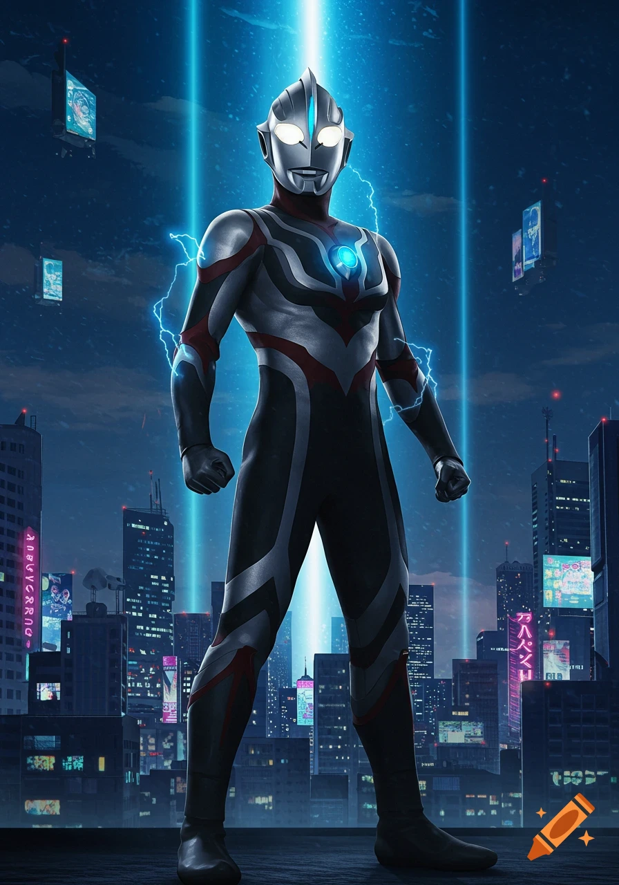 Ultraman in a black and silver suit stands on a rooftop in a futuristic city under a beam of blue light.