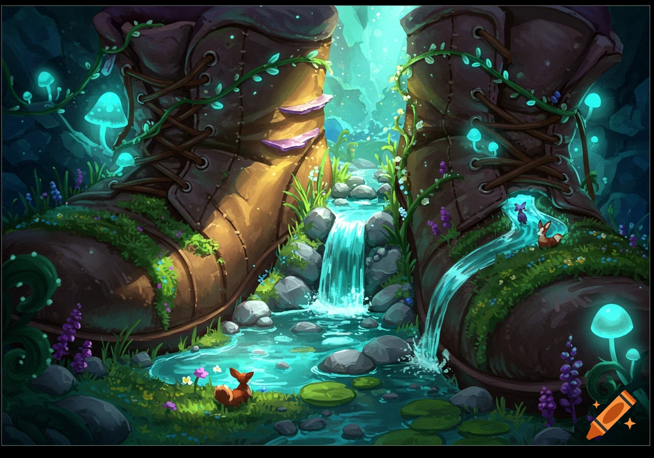 A vibrant fantasy illustration of two giant boots in an enchanted forest with glowing mushrooms, waterfalls, and tiny animals.