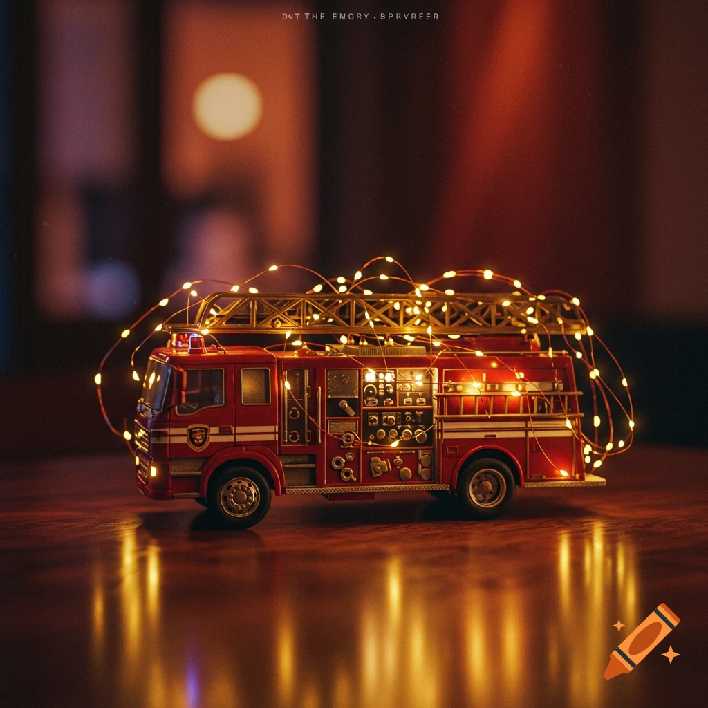 A toy fire truck wrapped in warm fairy lights sits on a reflective wooden surface, with a blurry warm background.