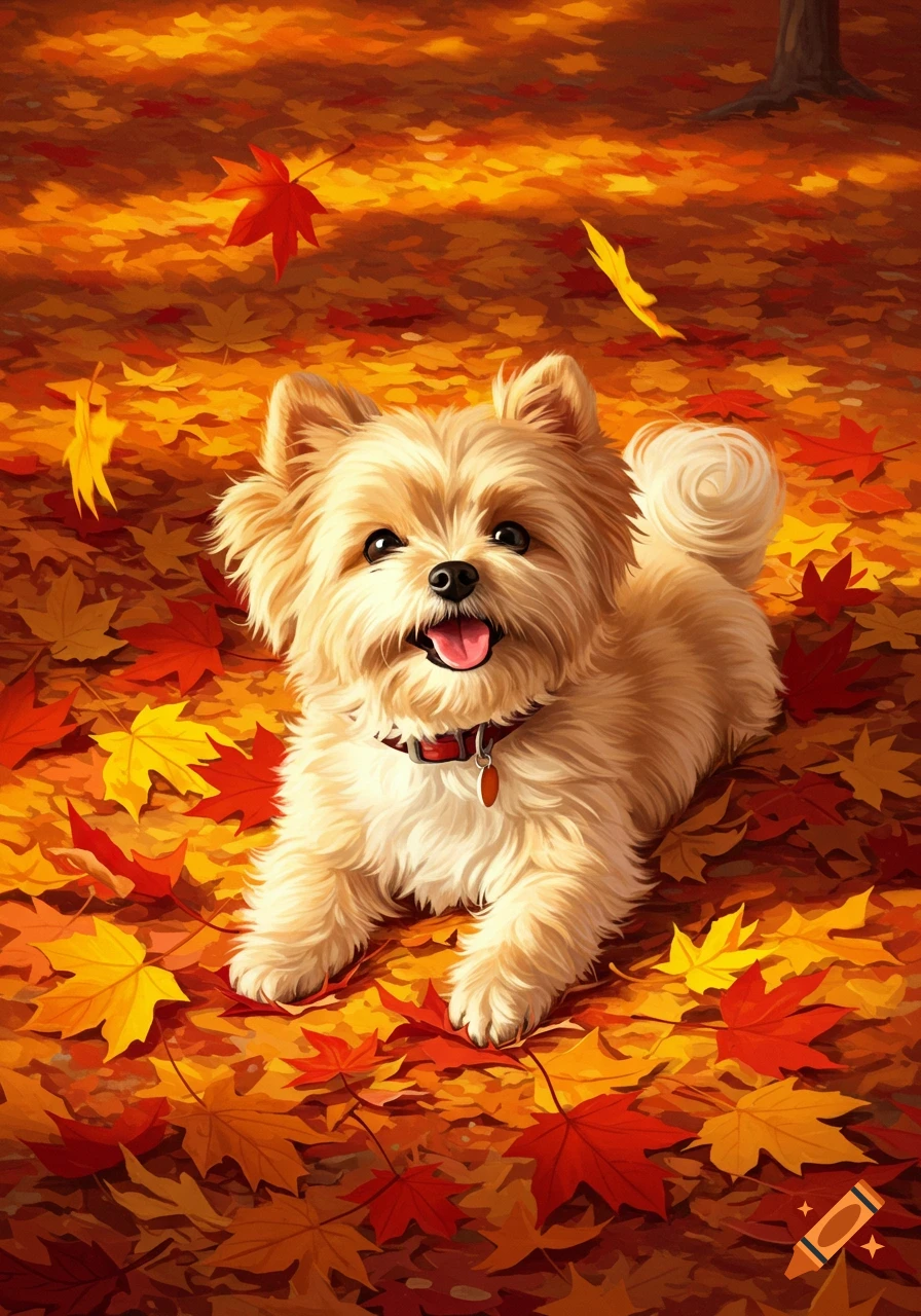A fluffy light brown dog lies happily on a bed of vibrant red and orange autumn leaves in an illustration.