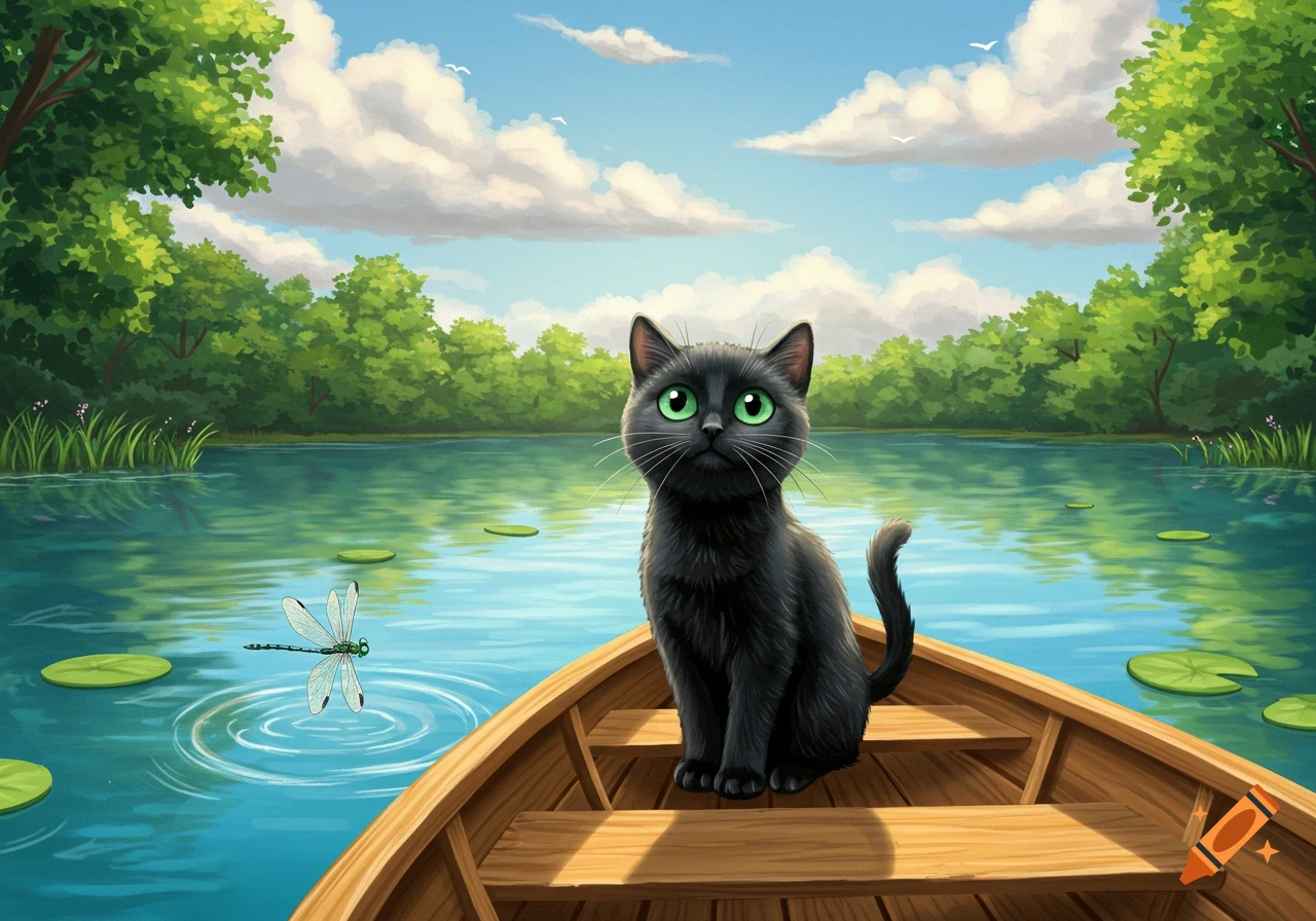 An illustration of a cute black cat with green eyes sitting in a wooden boat on a lake, watching a dragonfly. Trees line the distant shore under a cloudy blue sky.
