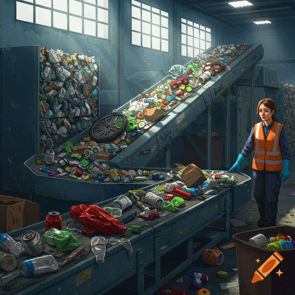 An illustrated scene of an industrial recycling plant with conveyor belts piled high with trash, and a worker observing.