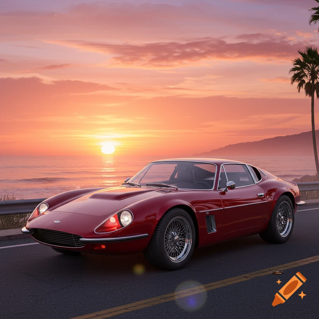 A photorealistic image of a vintage red sports car parked on a coastal road at sunset, with the ocean and palm trees in the background.