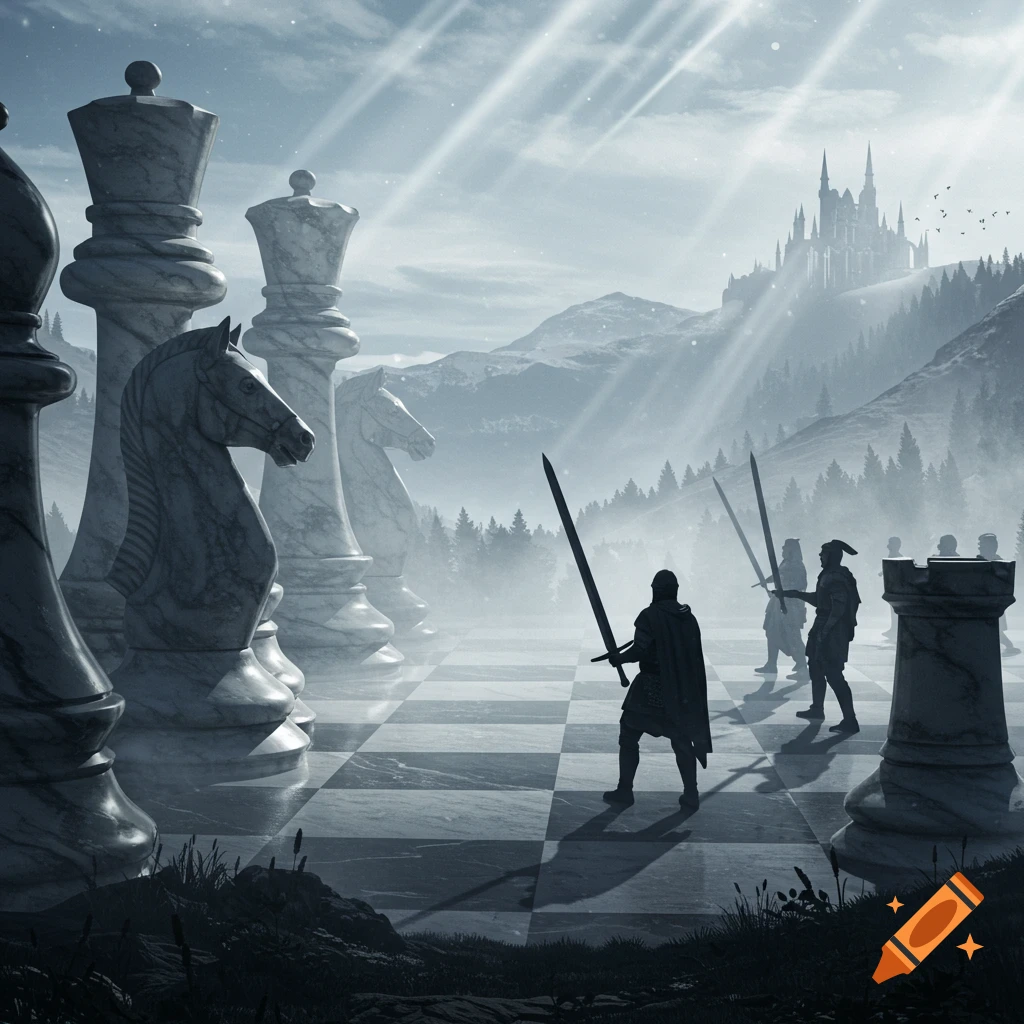 Silhouetted knights with swords on a giant chessboard in a misty mountain valley with a castle in the background.