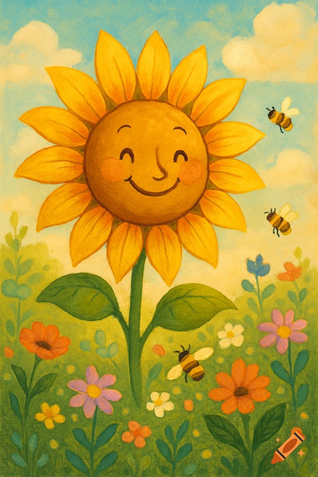 A colorful illustration of a smiling sunflower in a field of wildflowers with bees under a blue sky.